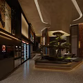 Modern Luxury Restaurant Interior With Marble Walls Bonsai Tree Pendant Light And Artwork