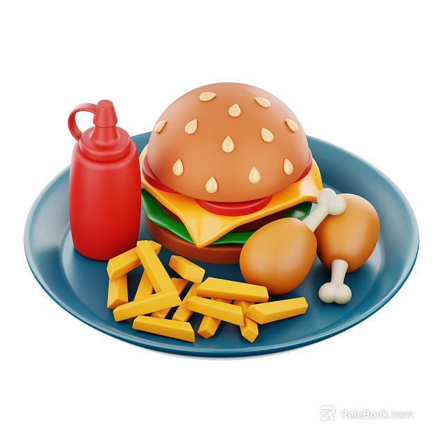 Delicious Fast Food Meal with Hamburger French Fries Fried Chicken Drumsticks and Ketchup Bottle 3d model 