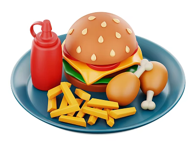 Delicious Fast Food Meal with Hamburger French Fries Fried Chicken Drumsticks and Ketchup Bottle 3d model