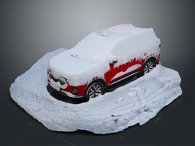 Red SUV Vehicle Covered With Snow On Snowy Ground And Tire Tracks 3d model