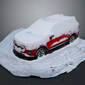 Red SUV Vehicle Covered With Snow On Snowy Ground And Tire Tracks