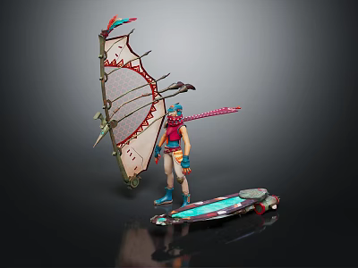 Mythical Character And Winged Creature With Colorful Wings Pink Spear And Glowing Platform 3d model
