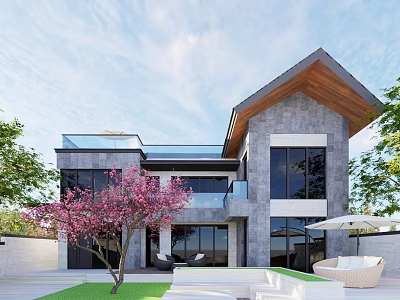 Modern Guesthouse With Gray Exterior Wooden Roof Large Windows Front Lawn Pink Flowering Tree 3d model