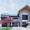 Modern Guesthouse With Gray Exterior Wooden Roof Large Windows Front Lawn Pink Flowering Tree