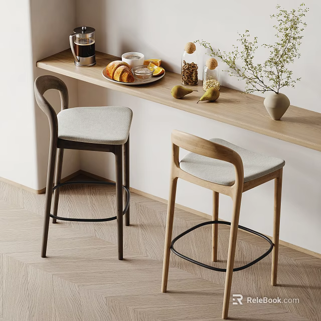 Modern Bar Stools With Padded Seats At Counter With Breakfast Items And Plants 3d model 
