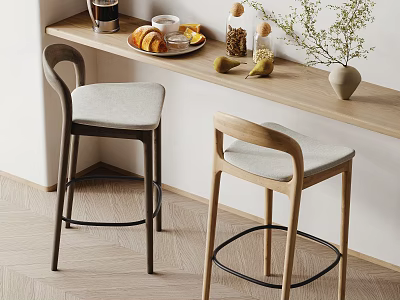Modern Bar Stools With Padded Seats At Counter With Breakfast Items And Plants 3d model