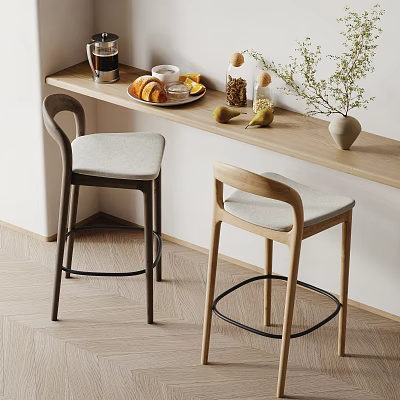 Modern Bar Stools With Padded Seats At Counter With Breakfast Items And Plants 3d model