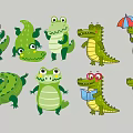 Cute Green Cartoon Crocodile Silhouettes With Various Poses Holding Umbrella And Reading Book