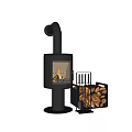 Modern Black Wood Burning Stove With Glass Door Burning Fire And Firewood Log Holder