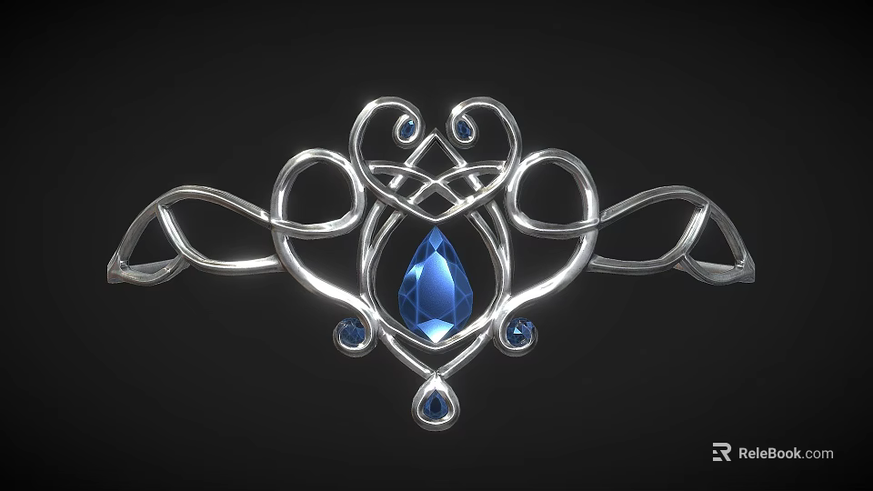 Elegant Silver Jewelry With Intricate Curly Metal Design Central Blue Gemstone And Small Blue Stones 3d model 