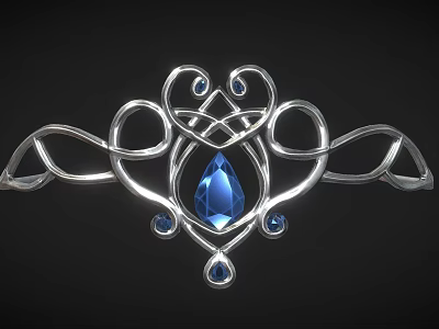Elegant Silver Jewelry With Intricate Curly Metal Design Central Blue Gemstone And Small Blue Stones 3d model