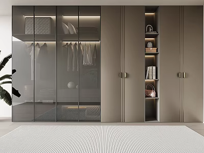 Modern Wardrobe Interior With Glass Doors Beige Finish Built In Lighting Hanging Space And Drawers 3d model