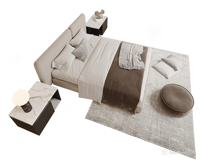 Modern Double Bed Interior Design With Soft Bedding Pillows Nightstands And Rug 3d model