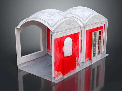 Elevator Hallway With Red Walls White Decorative Arches Windows And Doors 3d model