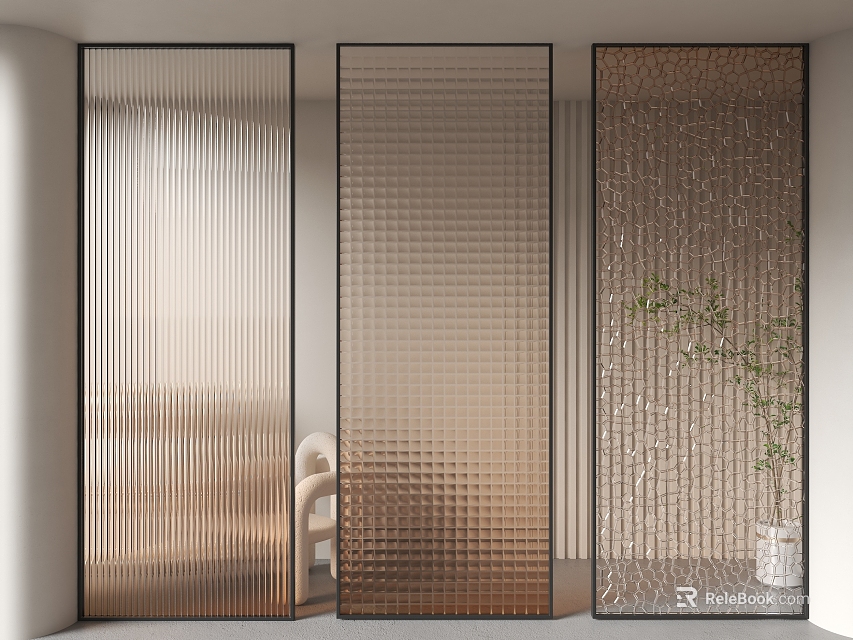 Modern Interior Room Dividers With Textured Glass Patterns And Indoor Plant Decor 3d model 