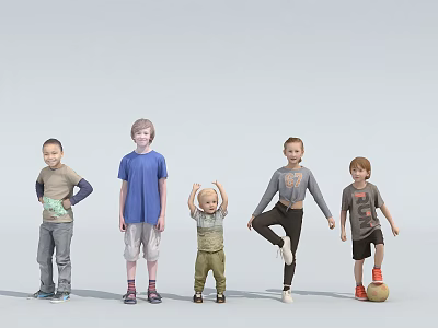Group of children playing and posing in casual clothes with various actions 3d model