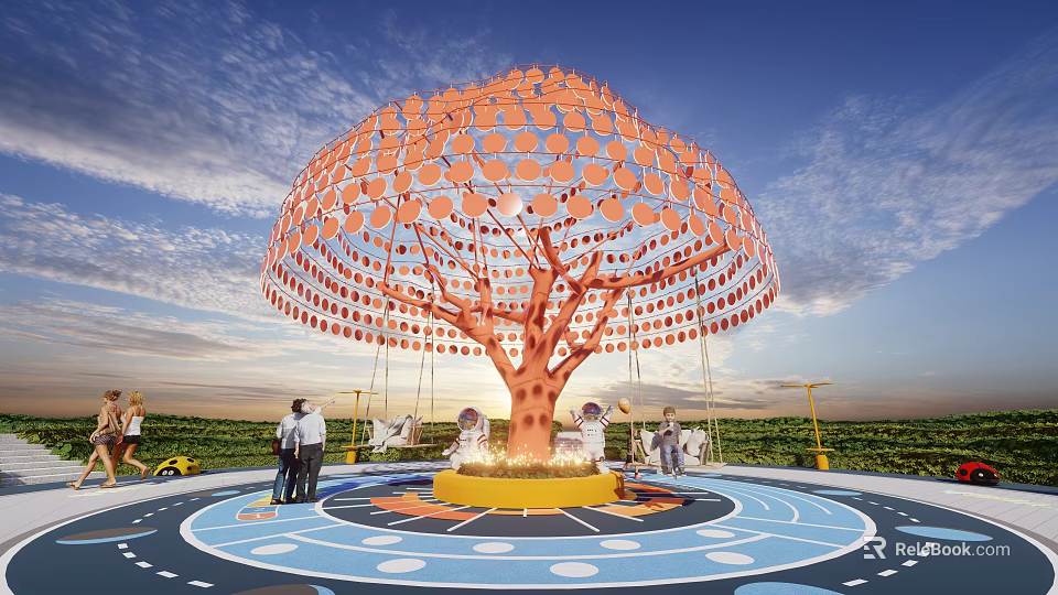 Artistic Outdoor Tree Installation With Orange Circular Canopy Swings People And Colorful Ground 3d model 