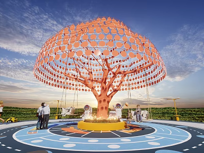 Artistic Outdoor Tree Installation With Orange Circular Canopy Swings People And Colorful Ground 3d model