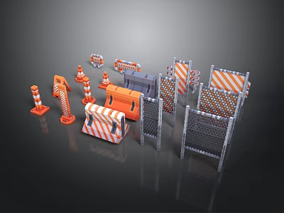 Construction Safety Equipment Including Orange White Striped Barriers Cones And Metal Fences 3d model