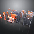 Construction Safety Equipment Including Orange White Striped Barriers Cones And Metal Fences