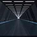 Futuristic Tunnel like Interior Space with Two Cars Black Background Blue Lines and Ceiling Lights