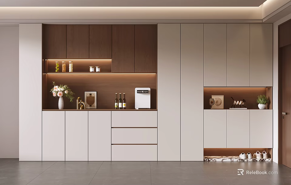 Modern Entryway Cabinet Sideboard With Wooden White Storage Decorative Shelves And LED Lighting 3d model 