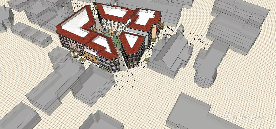 Modern Commercial Street With Surrounding Buildings And Pedestrian Public Square 3d model 