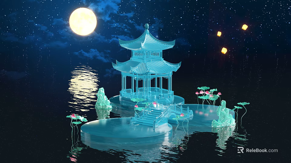 Cartoon Scene With Glowing Pagoda Full Moon Starry Sky And Lotus Lanterns On Water 3d model 