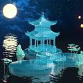 Cartoon Scene With Glowing Pagoda Full Moon Starry Sky And Lotus Lanterns On Water