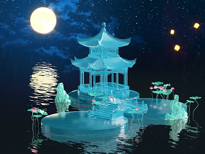 Cartoon Scene With Glowing Pagoda Full Moon Starry Sky And Lotus Lanterns On Water 3d model