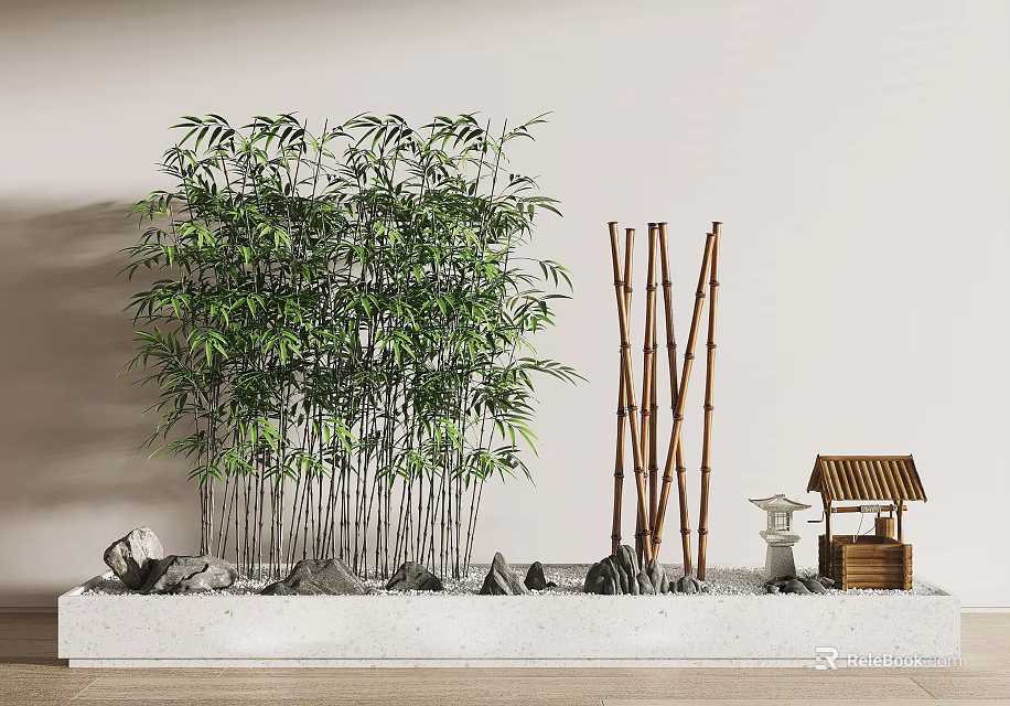 Zen Style Garden Ornament With Bamboo Plants Stones Gravel And Mini Pavilion 3d model 