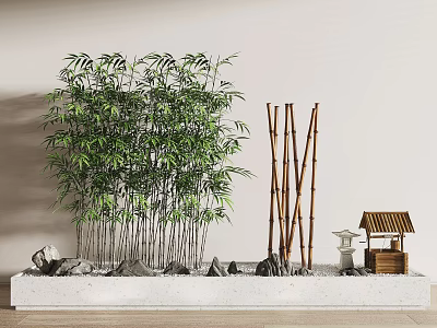 Zen Style Garden Ornament With Bamboo Plants Stones Gravel And Mini Pavilion 3d model