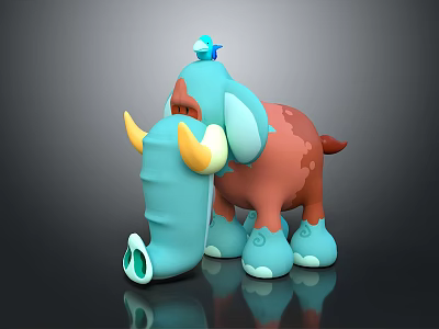 Cartoon Elephant Sculpture with Blue and Brown Colors Yellow Horns and Little Bird on Head 3d model