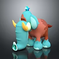 Cartoon Elephant Sculpture with Blue and Brown Colors Yellow Horns and Little Bird on Head