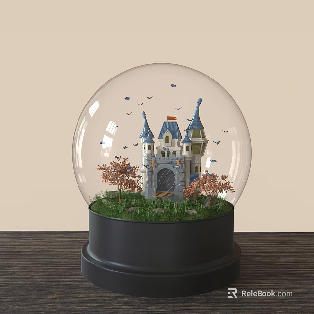 Crystal Globe Castle Scene With Grass Trees Birds On Wooden Table Black Base 3d model 