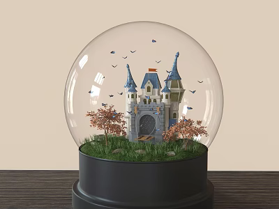 Crystal Globe Castle Scene With Grass Trees Birds On Wooden Table Black Base 3d model