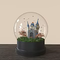 Crystal Globe Castle Scene With Grass Trees Birds On Wooden Table Black Base