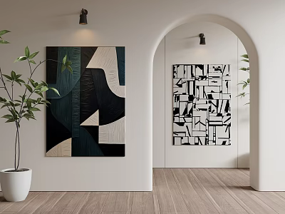 Abstract Paintings Geometric Shapes Dark Blue Beige Black Black White on White Wall Archway 3d model