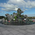 Stone Wood Garden Pond with Rockery Lotus Flowers and Blue Sky View