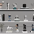 Modern Decorative Ornament Set On Display Shelves With Sculptures Books And Plant Vases