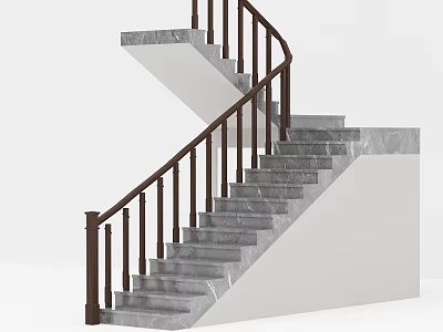 Modern Staircase With Gray Marble Steps And Dark Brown Wooden Railings 3d model