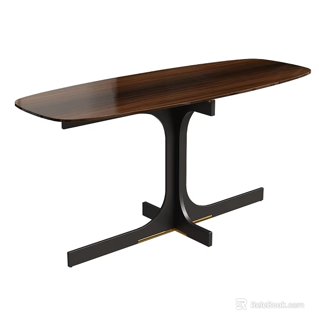 Oval Shaped Walnut Wood Dining Table with Cross Style Metal Base 3d model 