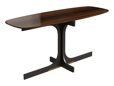 Oval Shaped Walnut Wood Dining Table with Cross Style Metal Base 3d model
