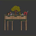 Wooden Entertainment Table With Green Surface Toy Tree Fruit Shaped Toys And Drawers
