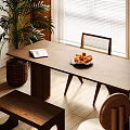 Stylish Wooden Dining Table Set With Chairs Potted Plant And Fruit Bowl