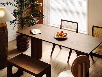 Stylish Wooden Dining Table Set With Chairs Potted Plant And Fruit Bowl 3d model