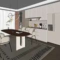 Modern Open Kitchen Interior With Dining Table White Chairs And City View 3d model