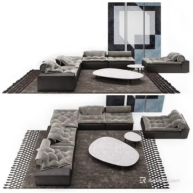 Modern Two Seater Sofa With Round Coffee Table And Area Rug In Living Room 3d model 