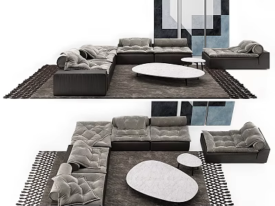 Modern Two Seater Sofa With Round Coffee Table And Area Rug In Living Room 3d model