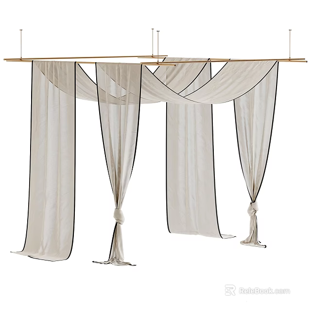 Elegant White Ceiling Drapery with Black Trim Golden Rod and Tied Ends for Interior Decor 3d model 